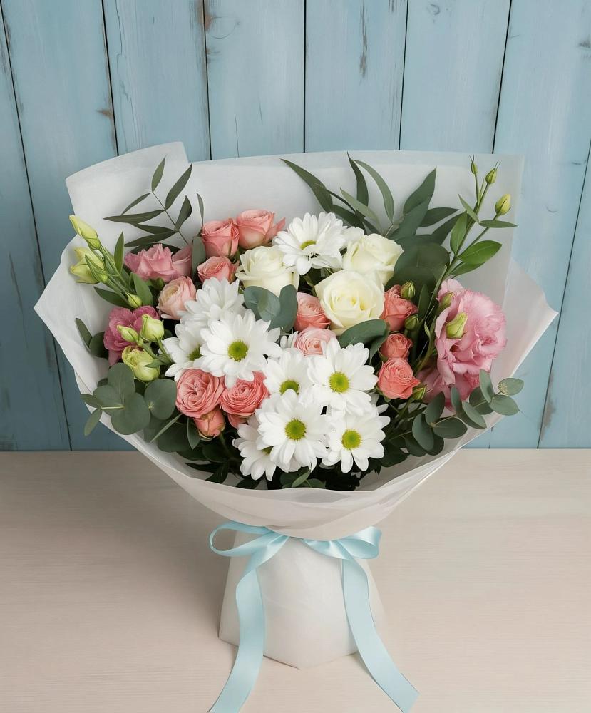 Букет цветов из: Розы, Лизиантусы и Хризантемы в Бограде