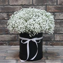 Цветочная композиция из Гипсофила в шляпной коробке в Бограде