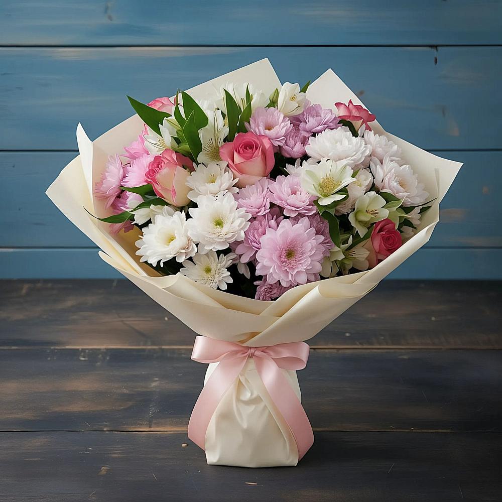 Букет цветов из: Хризантемы, Альстромерии и Розы в Бограде